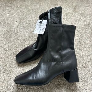 Zara NWT Black Leather Block Heeled Ankle Boots
